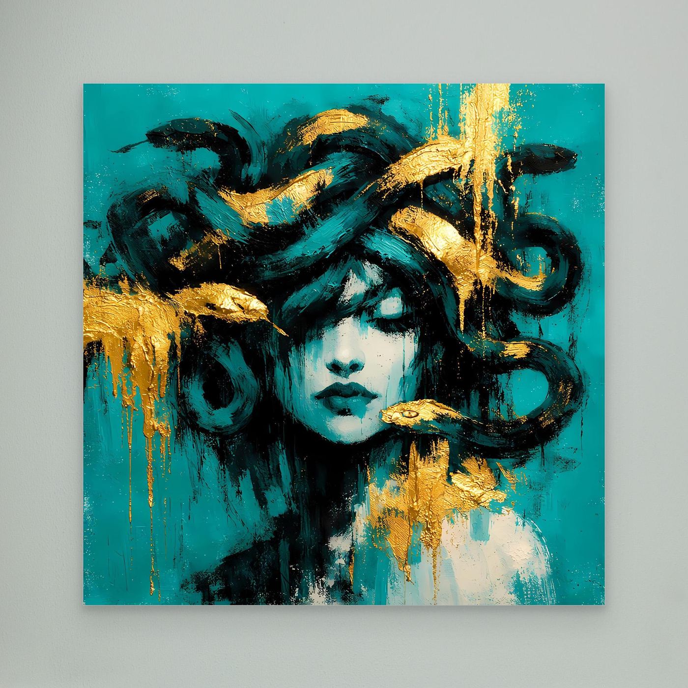 Leinwand Mythische Medusa in Türkis und Gold | Abstraktes Gorgonen Wandbild