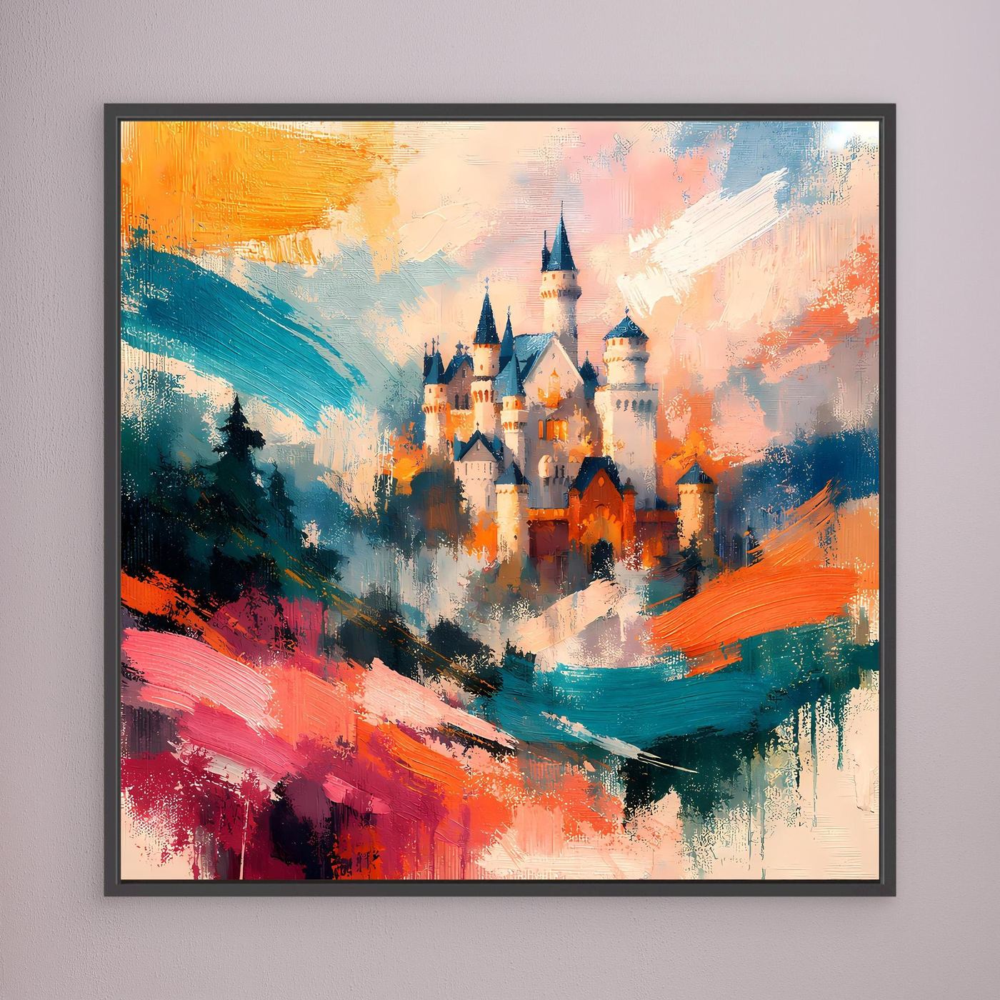 Premium Leinwand Märchenhaftes Schloss in abstrakten Farben | Modernes Castle Wandbild