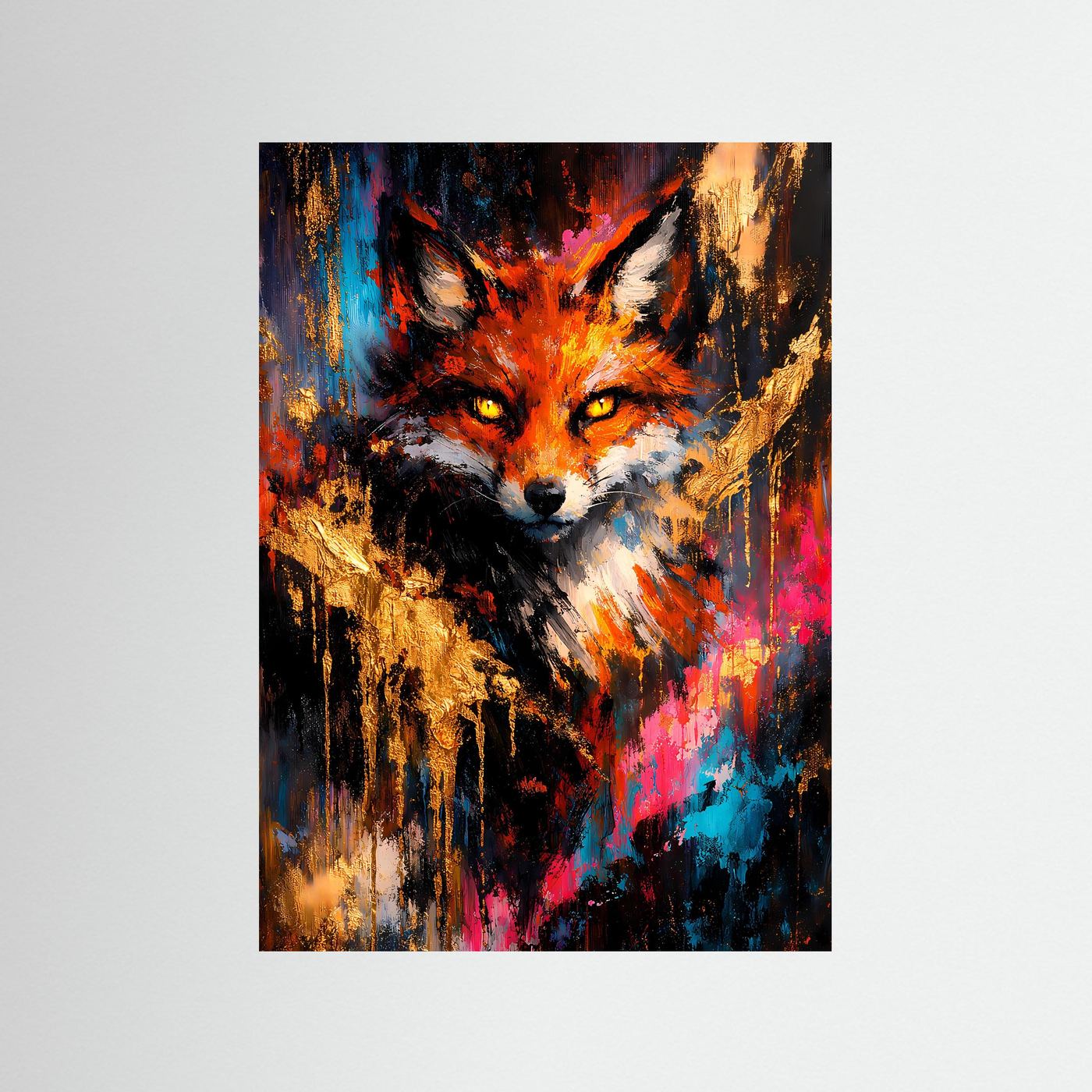 Abstraktes Fuchs-Kunstposter, hochkant, mit goldroten Flammen und blauen Farbflächen.