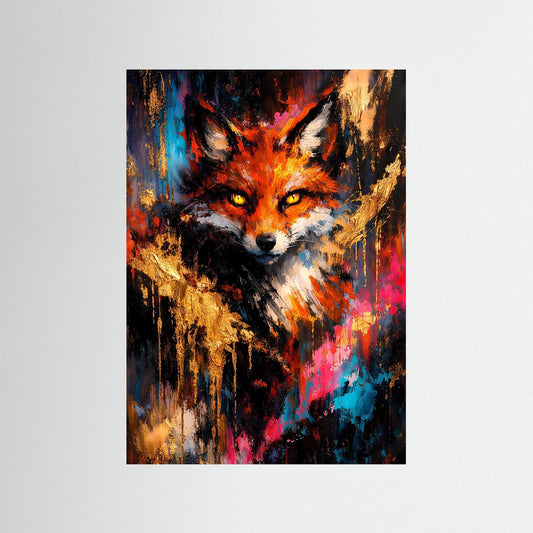 Abstraktes Fuchs-Kunstposter, hochkant, mit goldroten Flammen und blauen Farbflächen.