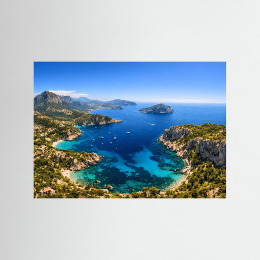 Panorama-Küstenposter mit türkisfarbenem Wasser und Felsenbucht, Blick von oben