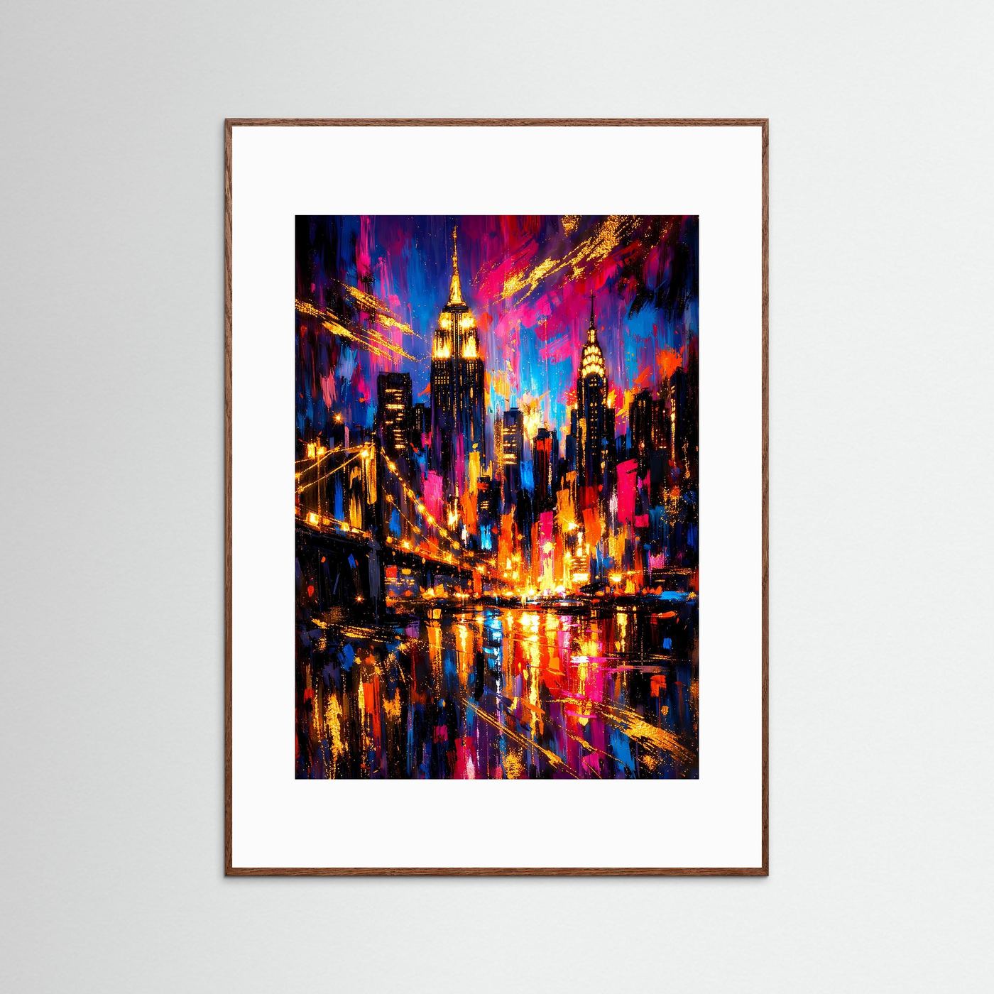 Abstraktes Stadtposter mit Skyline, brauner Rahmen