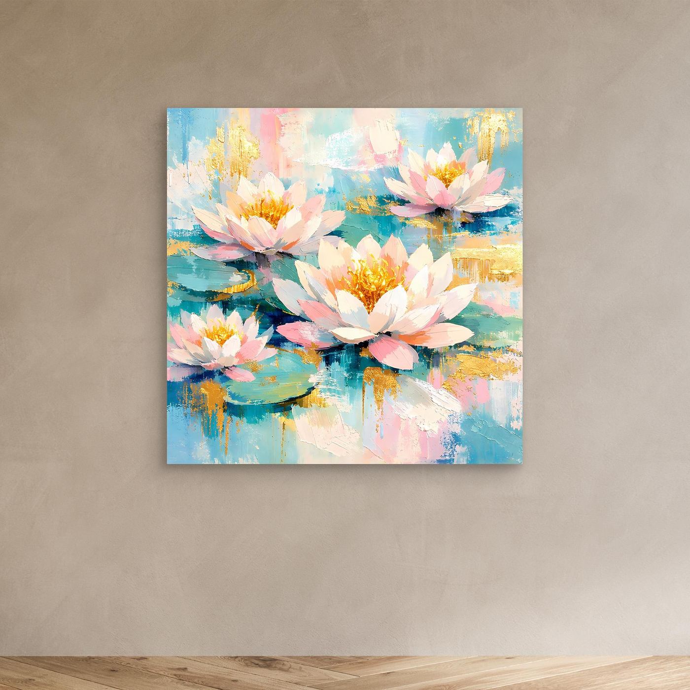 Leinwandbild Seerosen abstrakt ohne Rahmen, Blüten in Weiß und Rosa mit goldenen Highlights