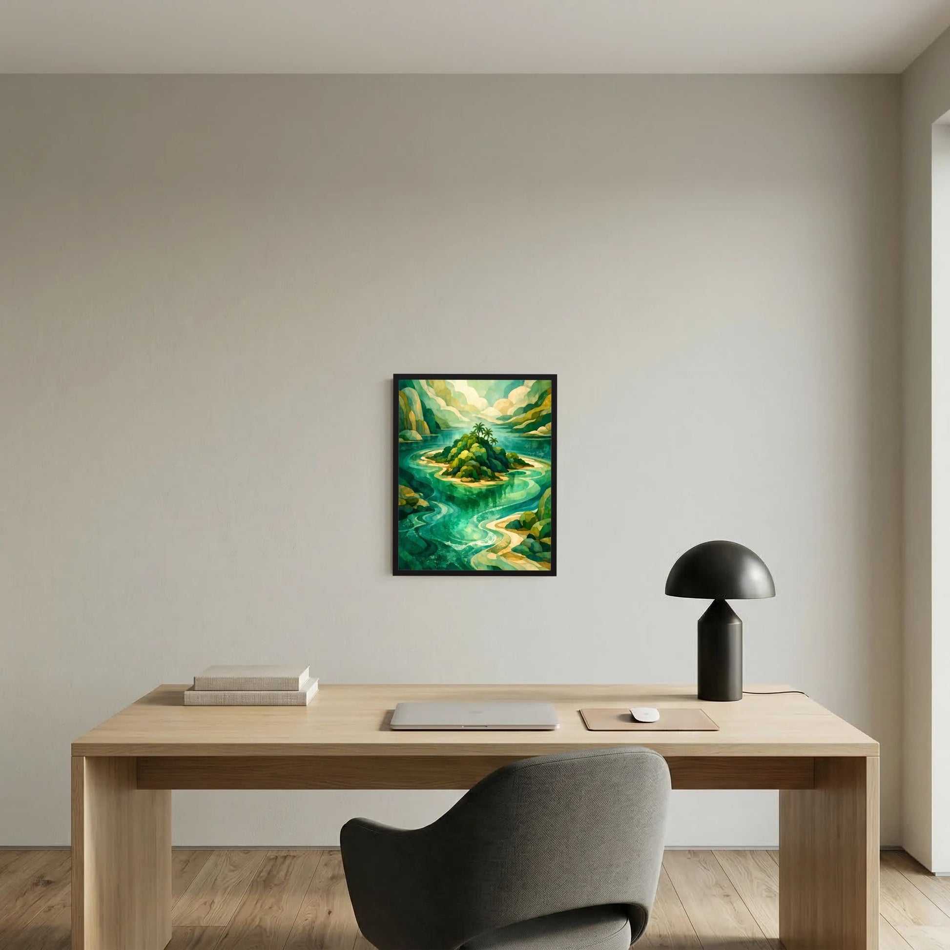 Hochformat-Poster im schwarzen Rahmen: abstrakte tropische Insel in Türkis und Grün