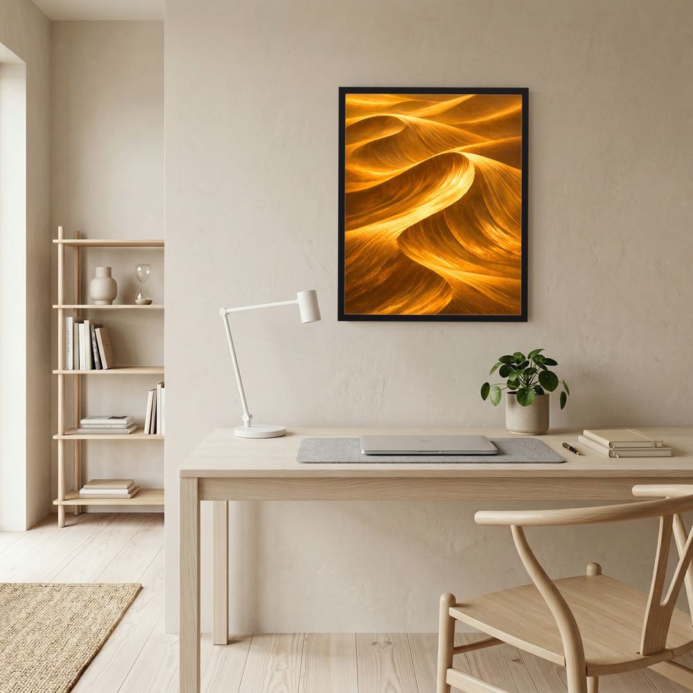 Quadratisches, gerahmtes Poster mit goldener Sanddüne und wellenförmigen Strukturen