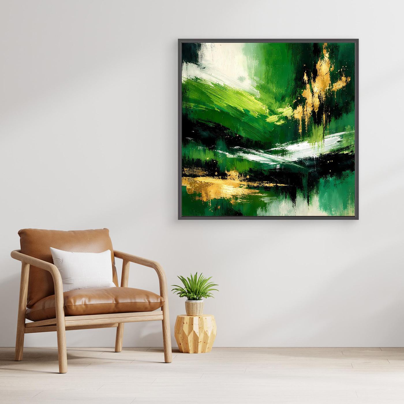 Leinwand Abstraktes Landschaftsgemälde in Smaragdgrün und Gold | Modernes Natur Wandbild