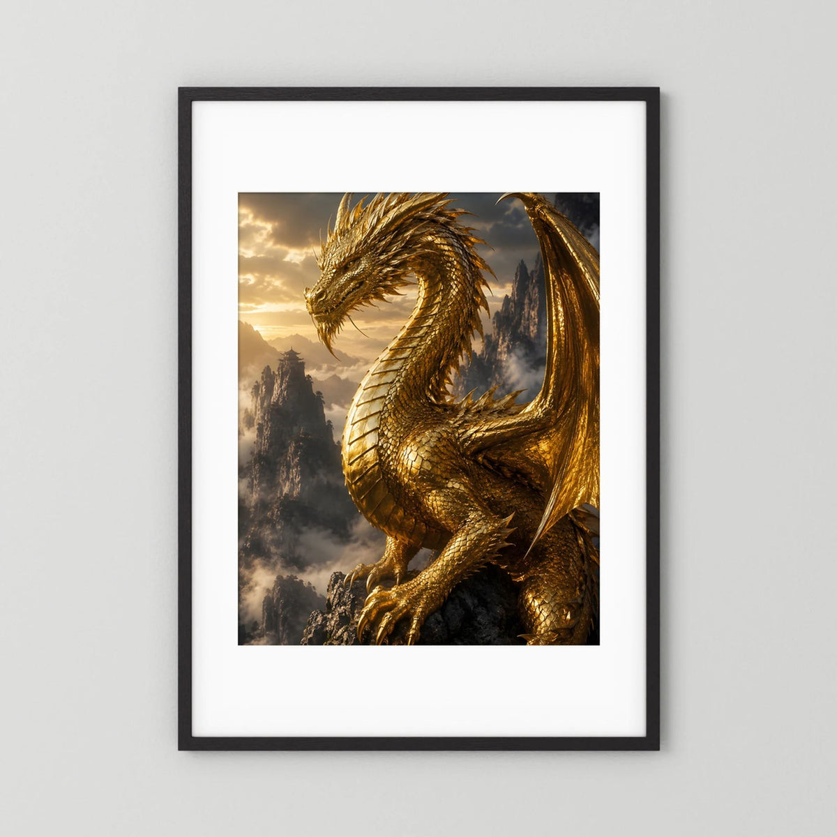 Kunstposter Hochformat: goldener Drache, schwarzer Rahmen mit weißem Passepartout