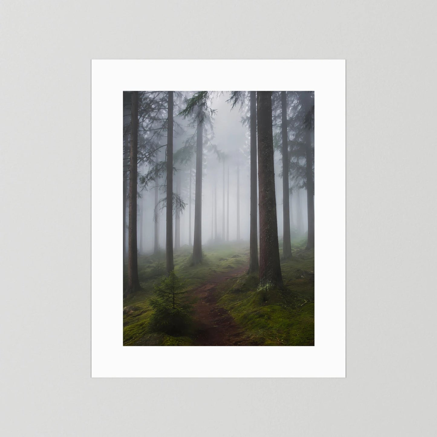 Unrahmtes Hochformat-Poster mit Nebelwald und Waldweg, weiße Umrandung