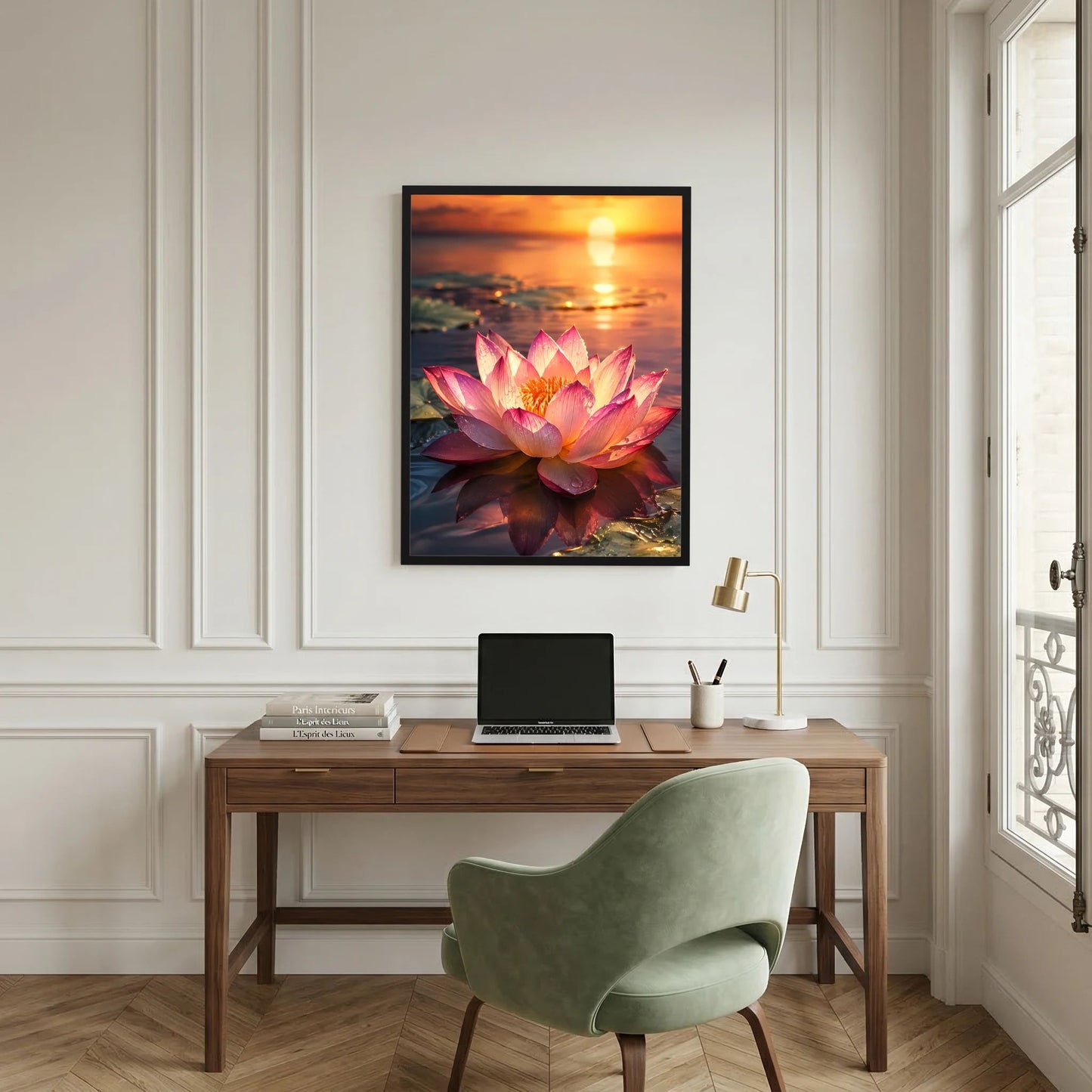 Gerahmtes Hochformat-Poster mit rosa Lotusblüten im Sonnenuntergang, Spiegelung im Wasser