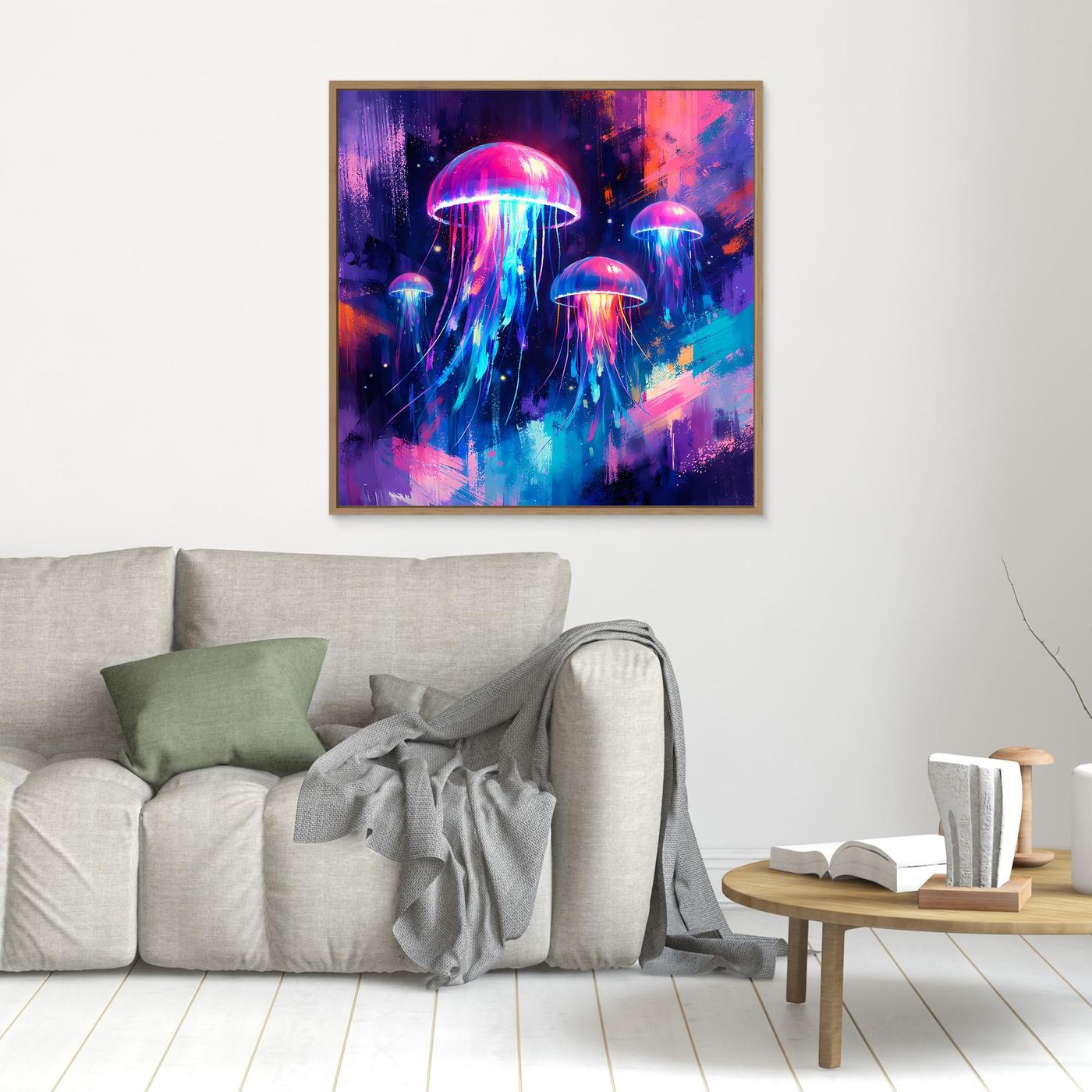Leinwand Magische Leuchtquallen im Tiefsee-Ozean | Abstraktes Neon Wandbild