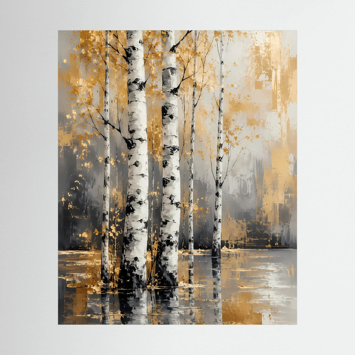 Hochformat-Poster mit abstrakten Birken in Weiß, Schwarz und Gold mit Spiegelung im Wasser