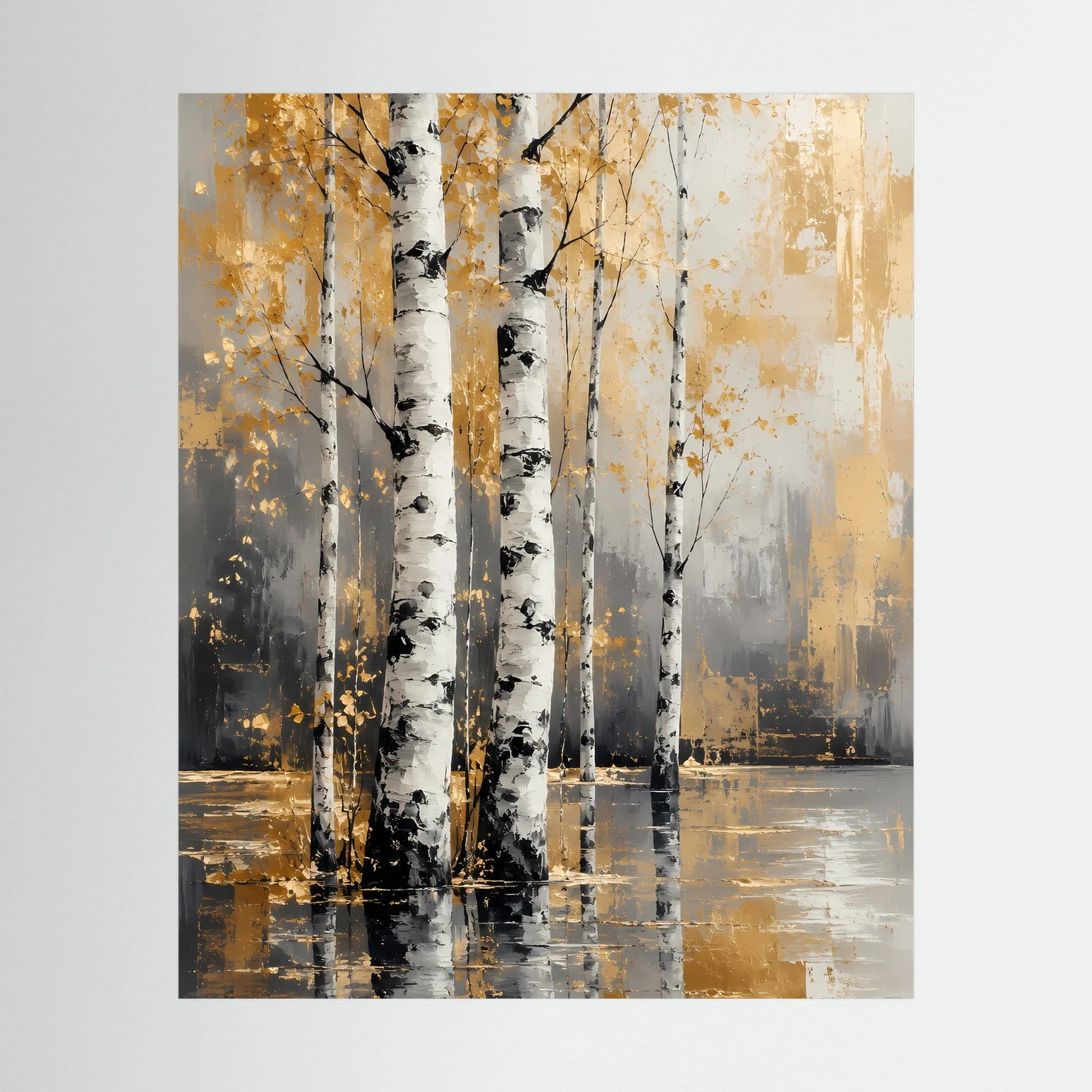 Hochformat-Poster mit abstrakten Birken in Weiß, Schwarz und Gold mit Spiegelung im Wasser