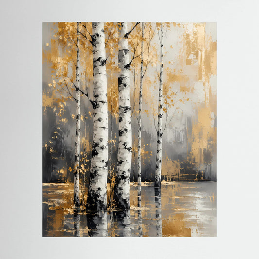 Hochformat-Poster mit abstrakten Birken in Weiß, Schwarz und Gold mit Spiegelung im Wasser