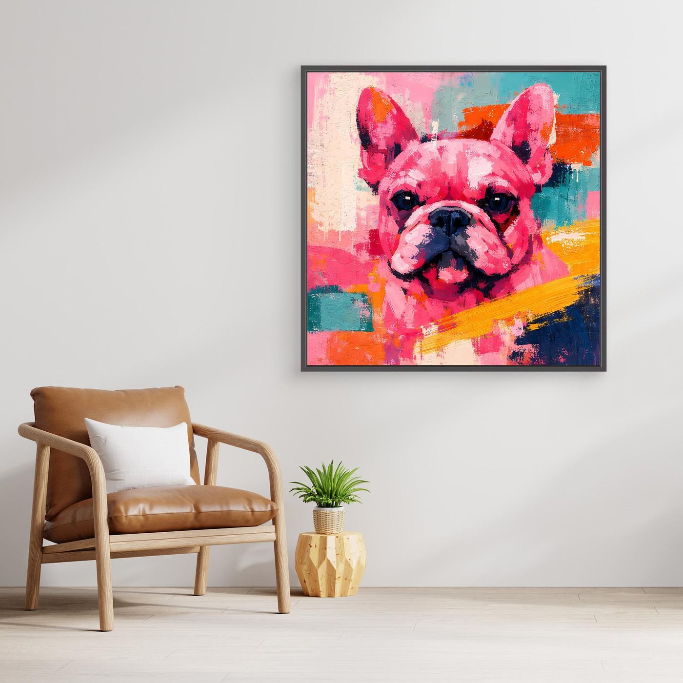 Schwarz gerahmtes Leinwandbild mit farbenfroher Französischer Bulldogge im Pop-Art-Stil