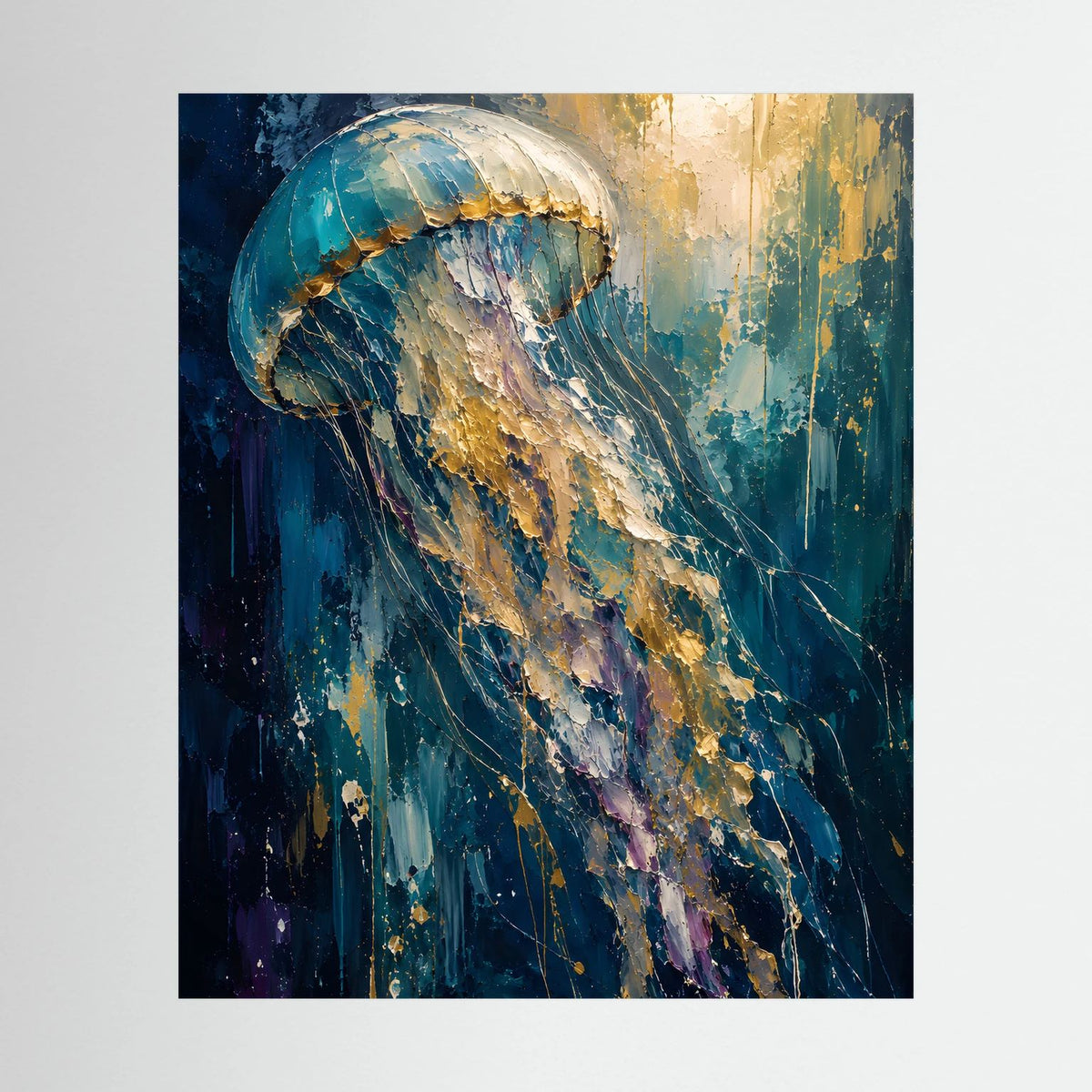 Poster mit abstrakter Qualle in Blau und Gold, hochformatig