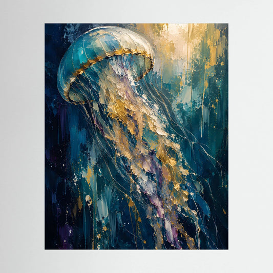 Poster mit abstrakter Qualle in Blau und Gold, hochformatig