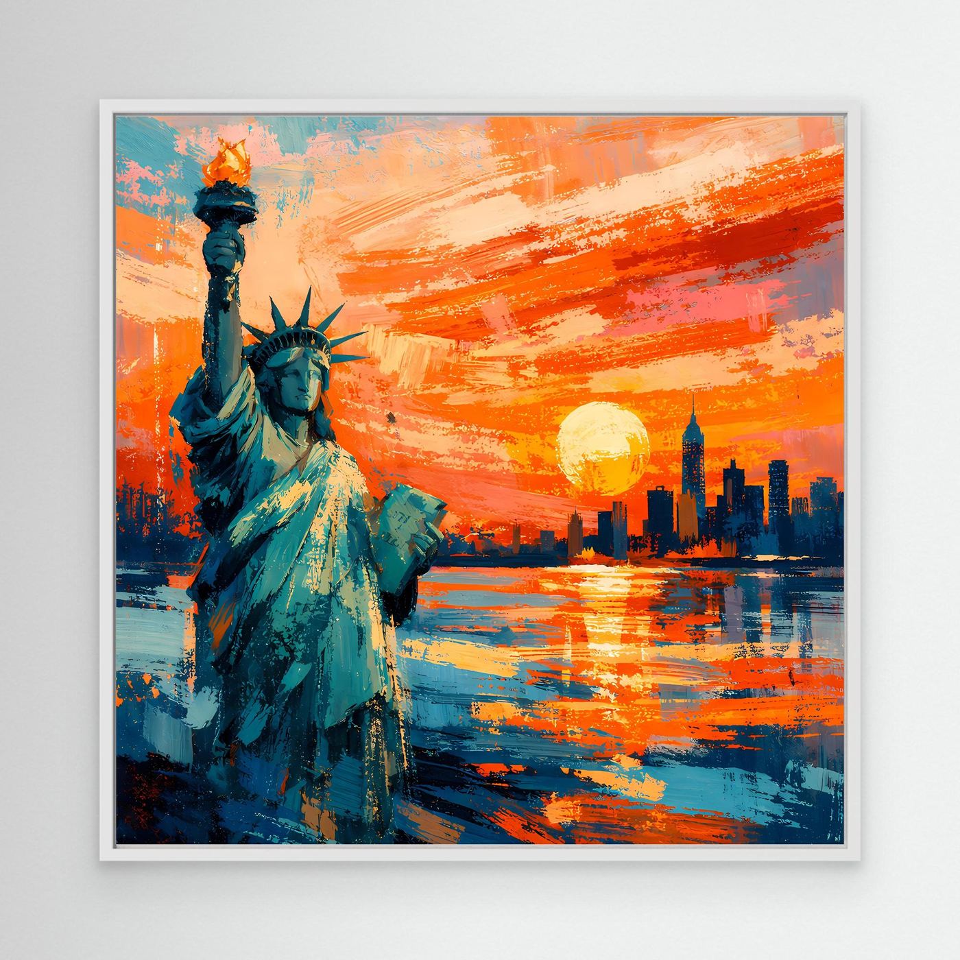 Leinwand-Wandbild mit Freiheitsstatue, blaugrüne Statue vor orange-rotem Himmel und gelber Sonne