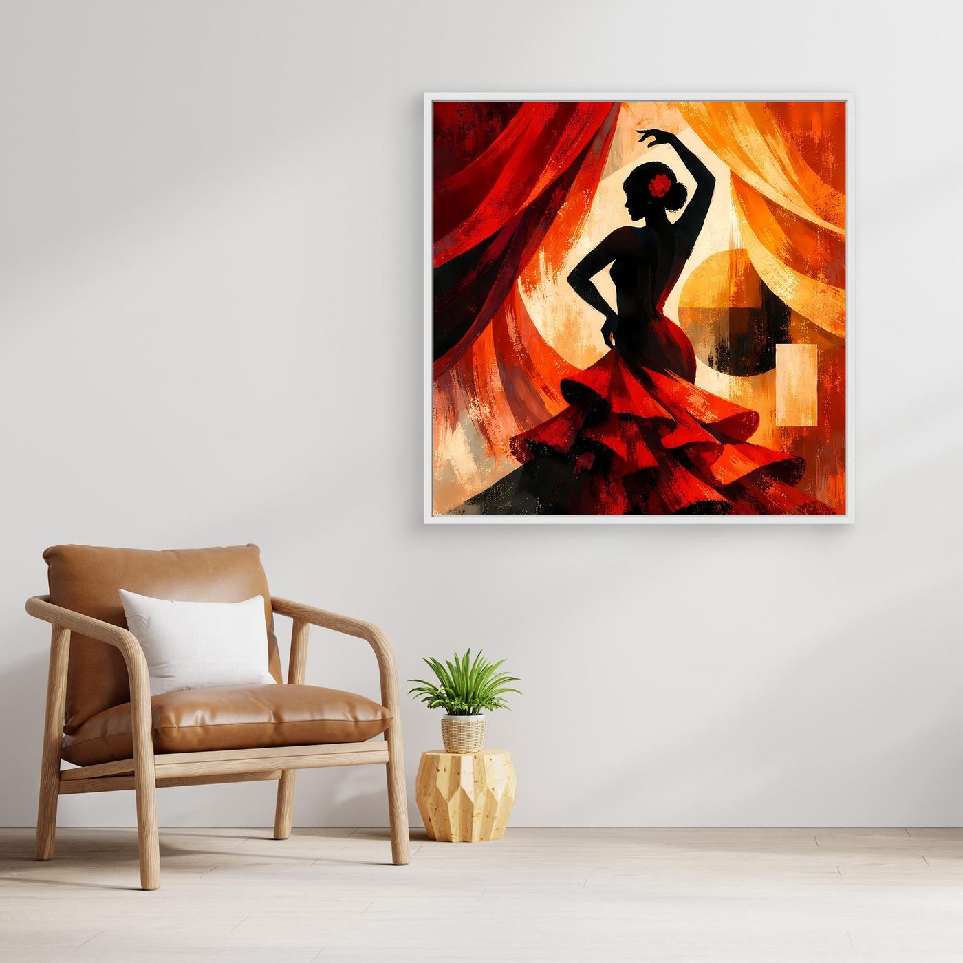 Gerahmtes Leinwandbild: Flamenco-Silhouette einer Tänzerin, schwarze Figur, rote und orange Flächen