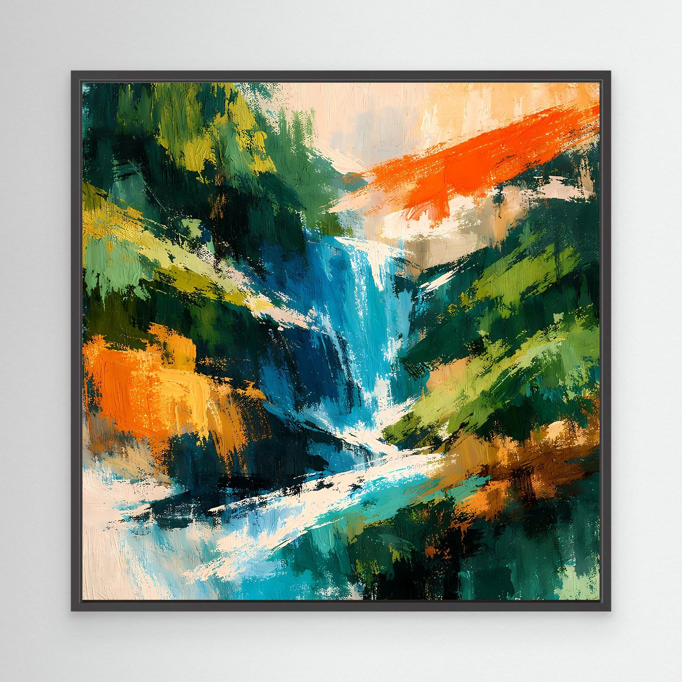 Abstraktes Leinwand-Wandbild mit türkisem Wasserfall, im schwarzen Rahmen