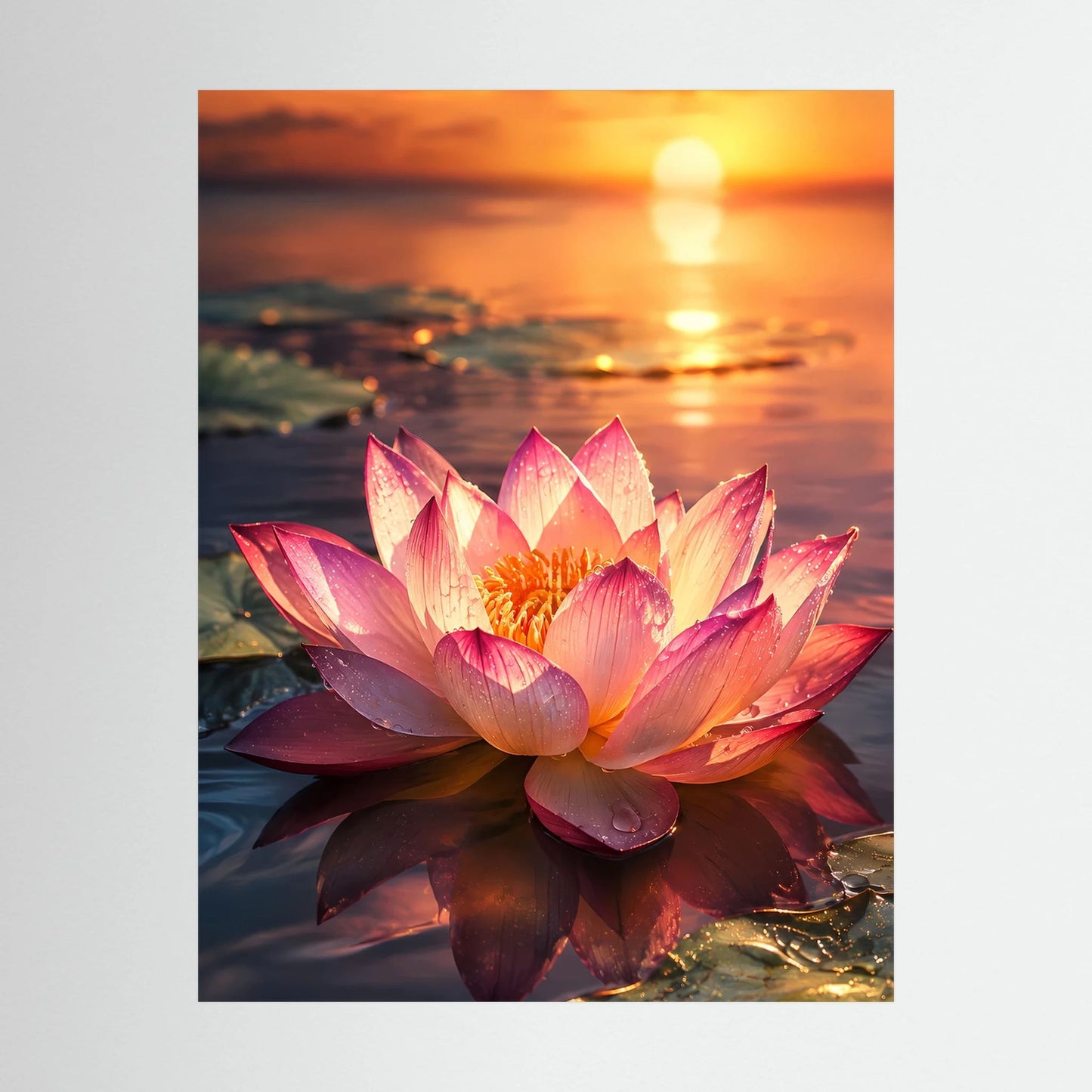 Wandposter im Hochformat, Nahansicht: rosafarbene Lotusblüte bei Sonnenuntergang am Wasser