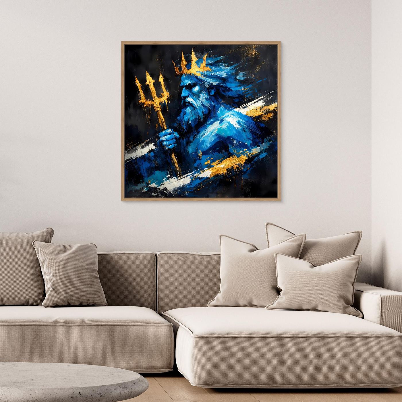Leinwand Poseidon Gott des Meeres | Abstraktes Mythologie Wandbild Blau Gold