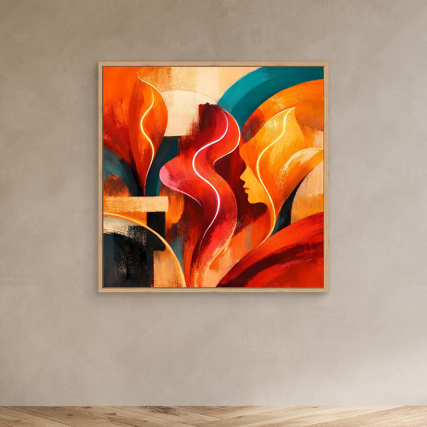 Abstraktes Leinwandbild mit bunten Skyline-Formen, gerahmt in hellem Holz