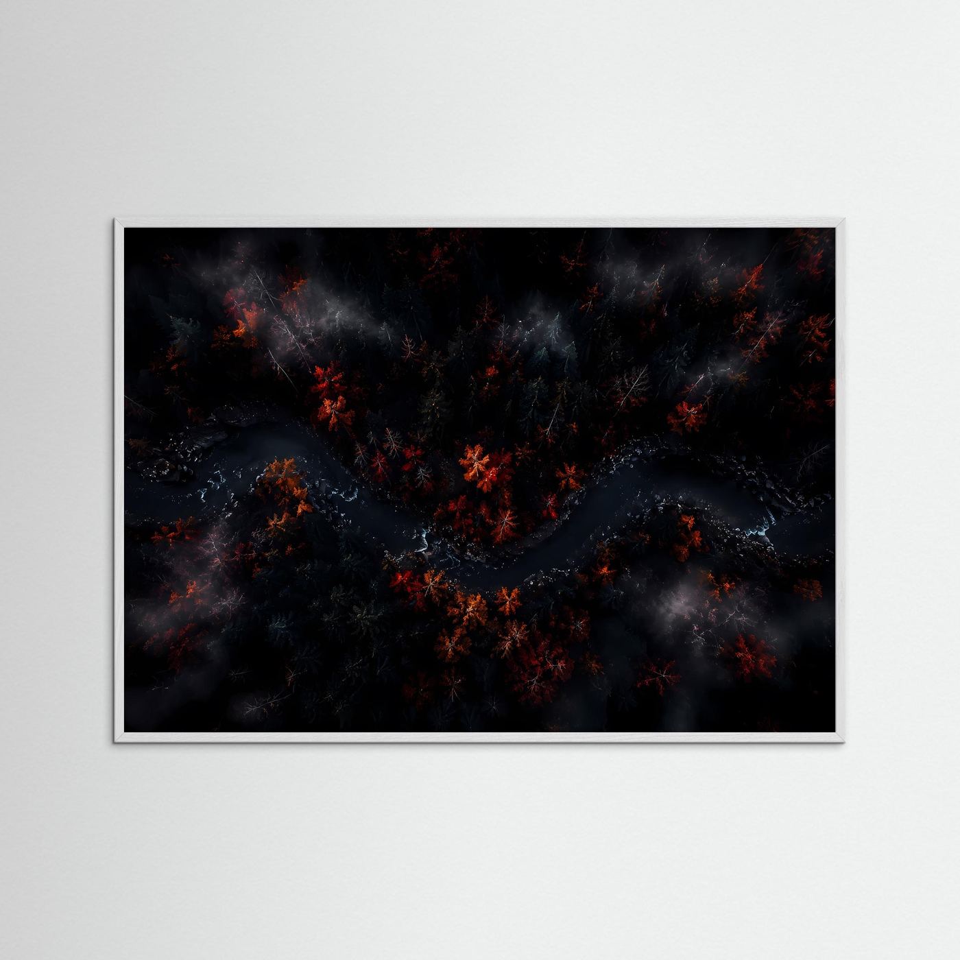 Mystischer Wald aus der Vogelperspektive | Dunkles Herbst Landschaftsbild | Atmosphärische Waldkunst mit Fluss | Modernes Natur Poster | Premium Leinwand