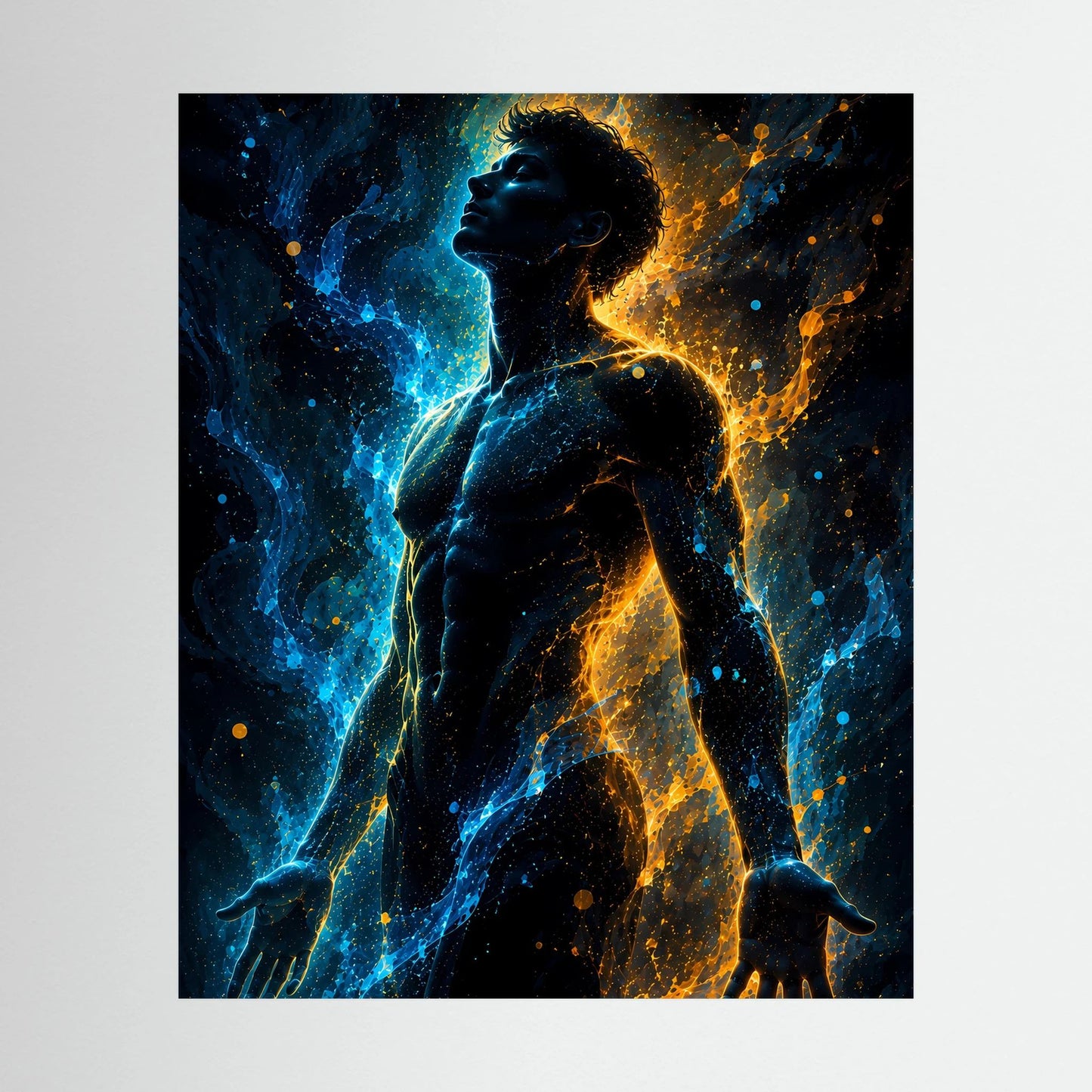 Poster mit männlicher Silhouette in Blau und Gold, mit leuchtendem Energieeffekt