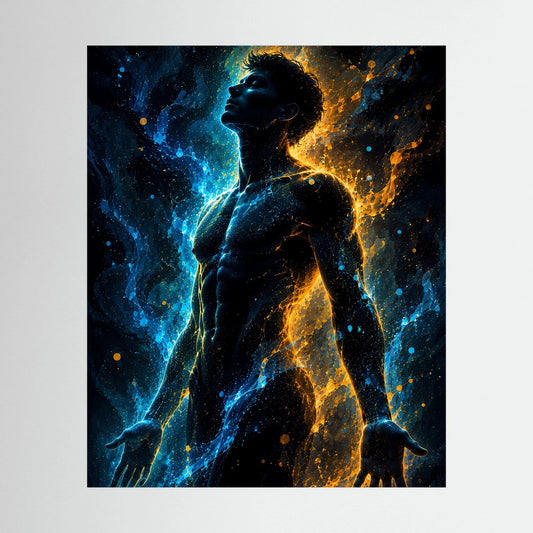 Poster mit männlicher Silhouette in Blau und Gold, mit leuchtendem Energieeffekt