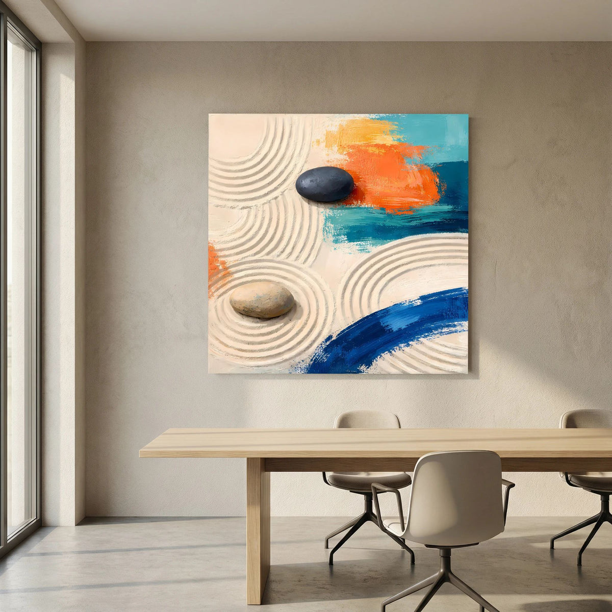 Abstraktes Leinwandbild mit Sandlinien und zwei Steinen, orange-blaues Farbband