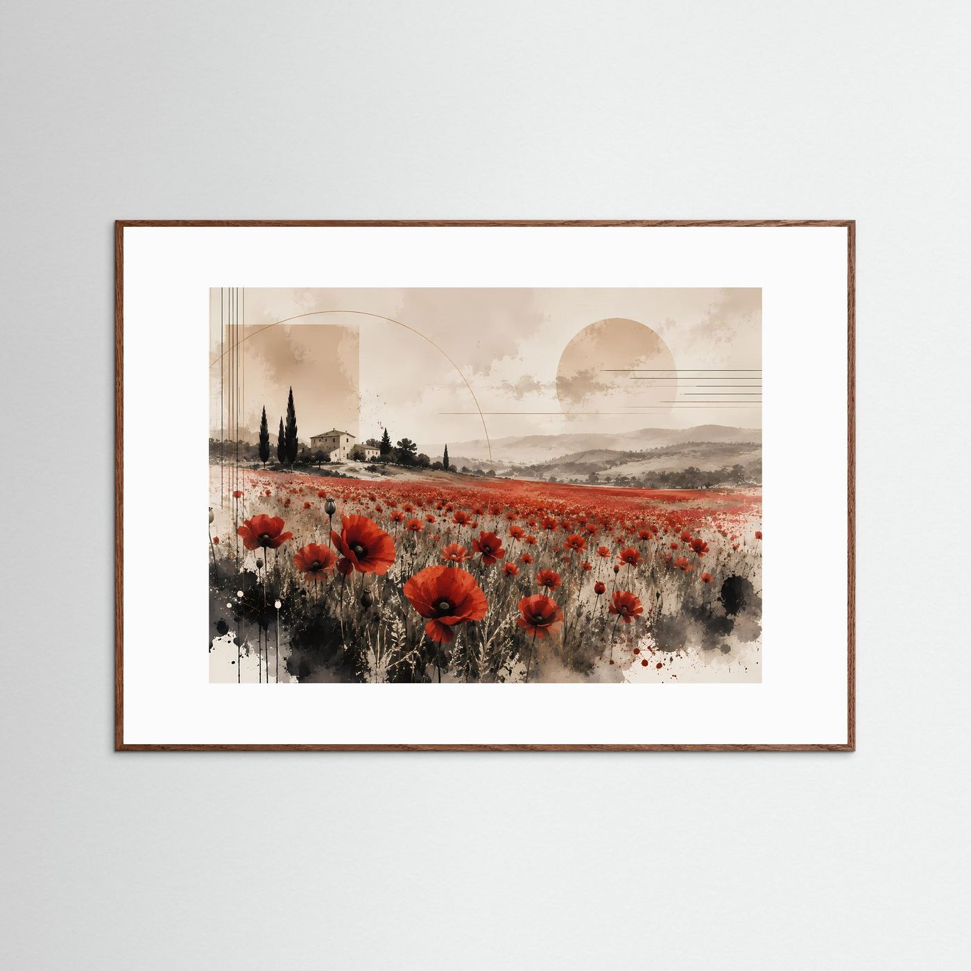 Gerahmtes Querformat-Poster mit Mohnblumenfeld in Rot und Beige, brauner Rahmen