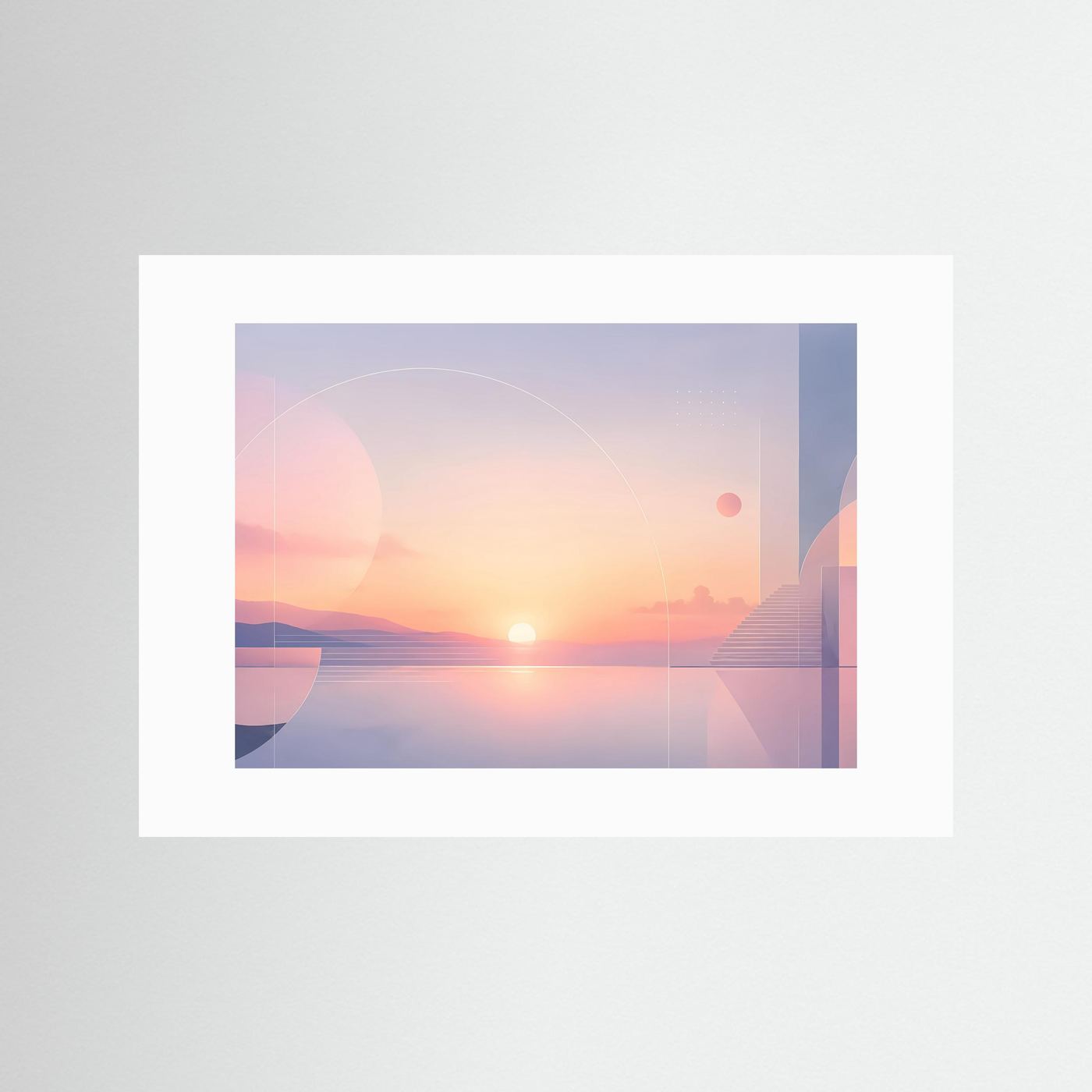 Querformat-Poster mit weißem Passepartout und pastellfarbener Sonnenlandschaft