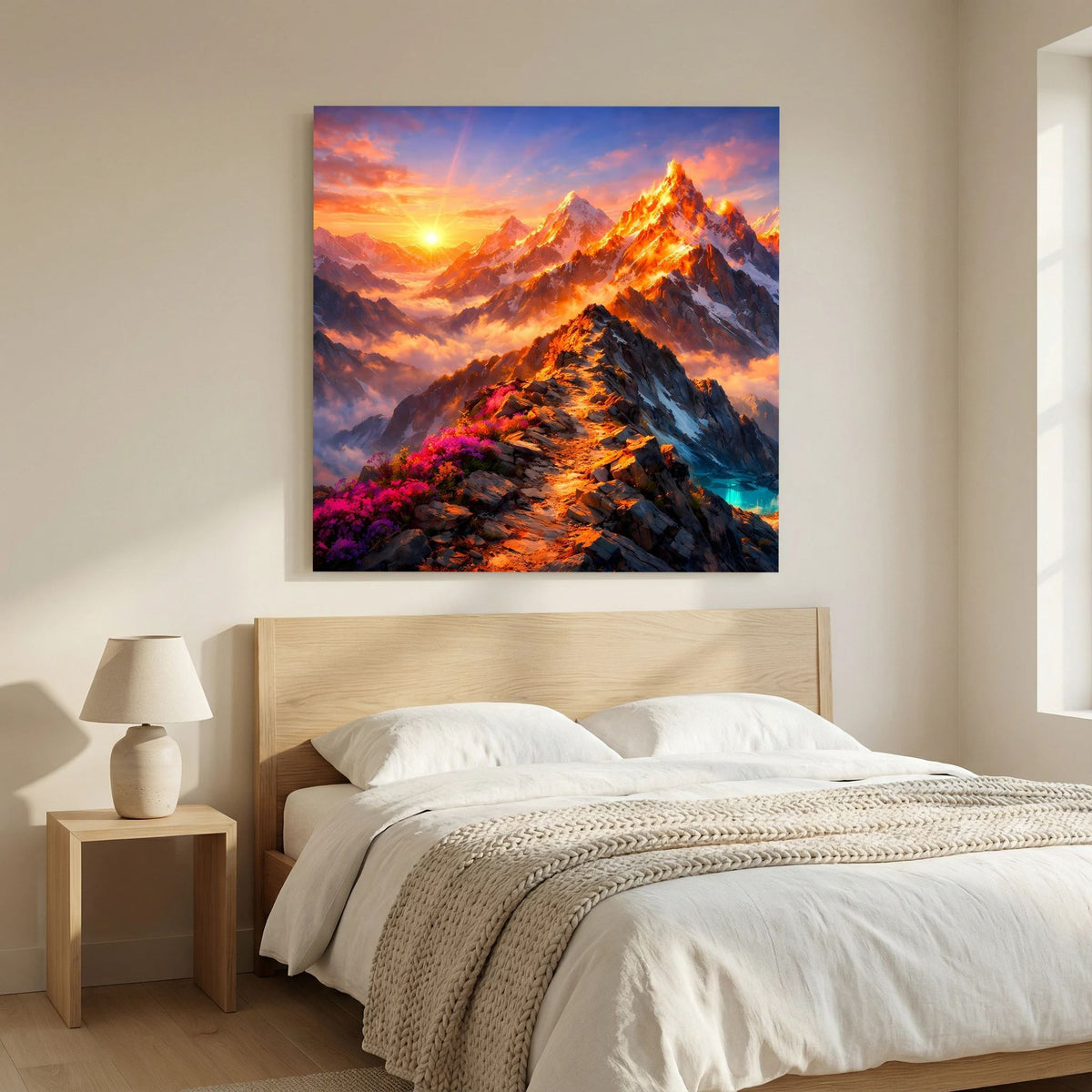 Leinwandbild Sonnenuntergang im Gebirge auf Holzkeilrahmen über dem Bett, blau eingefasst