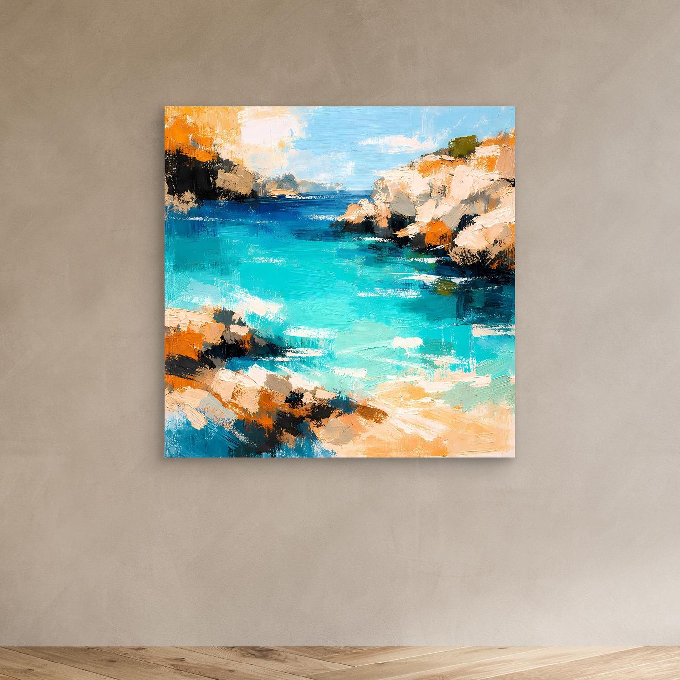 Leinwand Traumhafte Klippenbucht | Abstraktes Mediterranes Küsten Wandbild