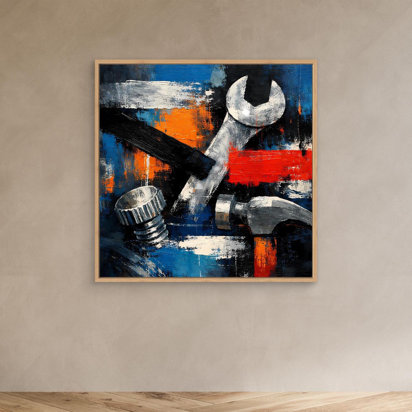 Abstract tools canvas wall art with wrench in oak frame and red/blue paint strokes