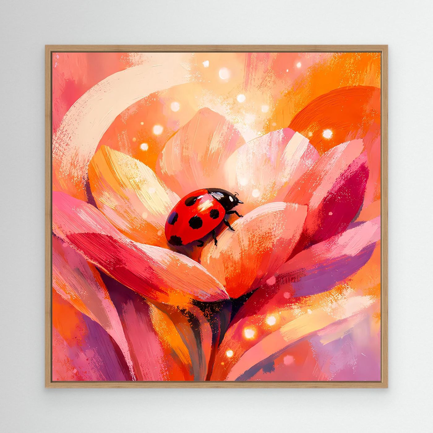 Leinwandbild mit hellem Holzrahmen: Marienkäfer auf Blüte, kräftige Pink- und Orangetöne