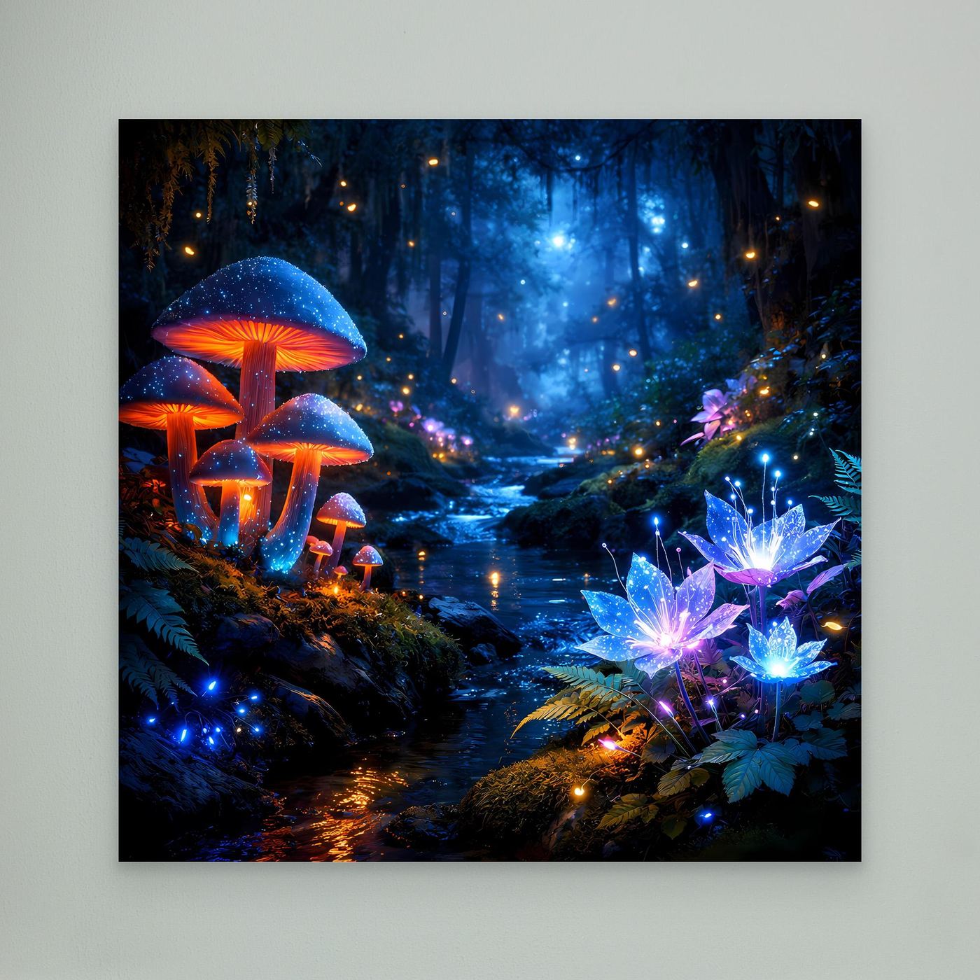 Leinwandbild mit leuchtenden Pilzen und blauem Zauberwald, Lichter im Waldweg