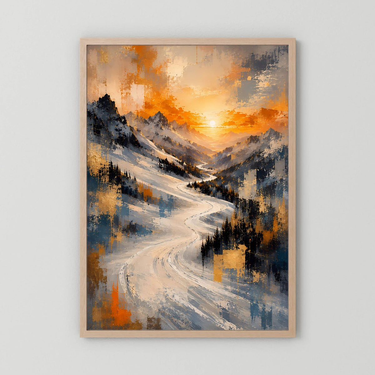 Hochformat-Poster mit verschneiten Bergen und orangefarbenem Sonnenuntergang, Holzrahmen