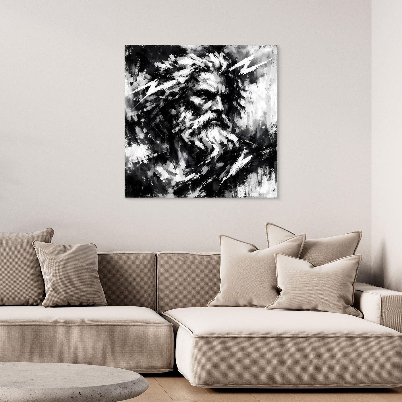 Black-and-white abstract Zeus portrait wall art, square print with dark edge.