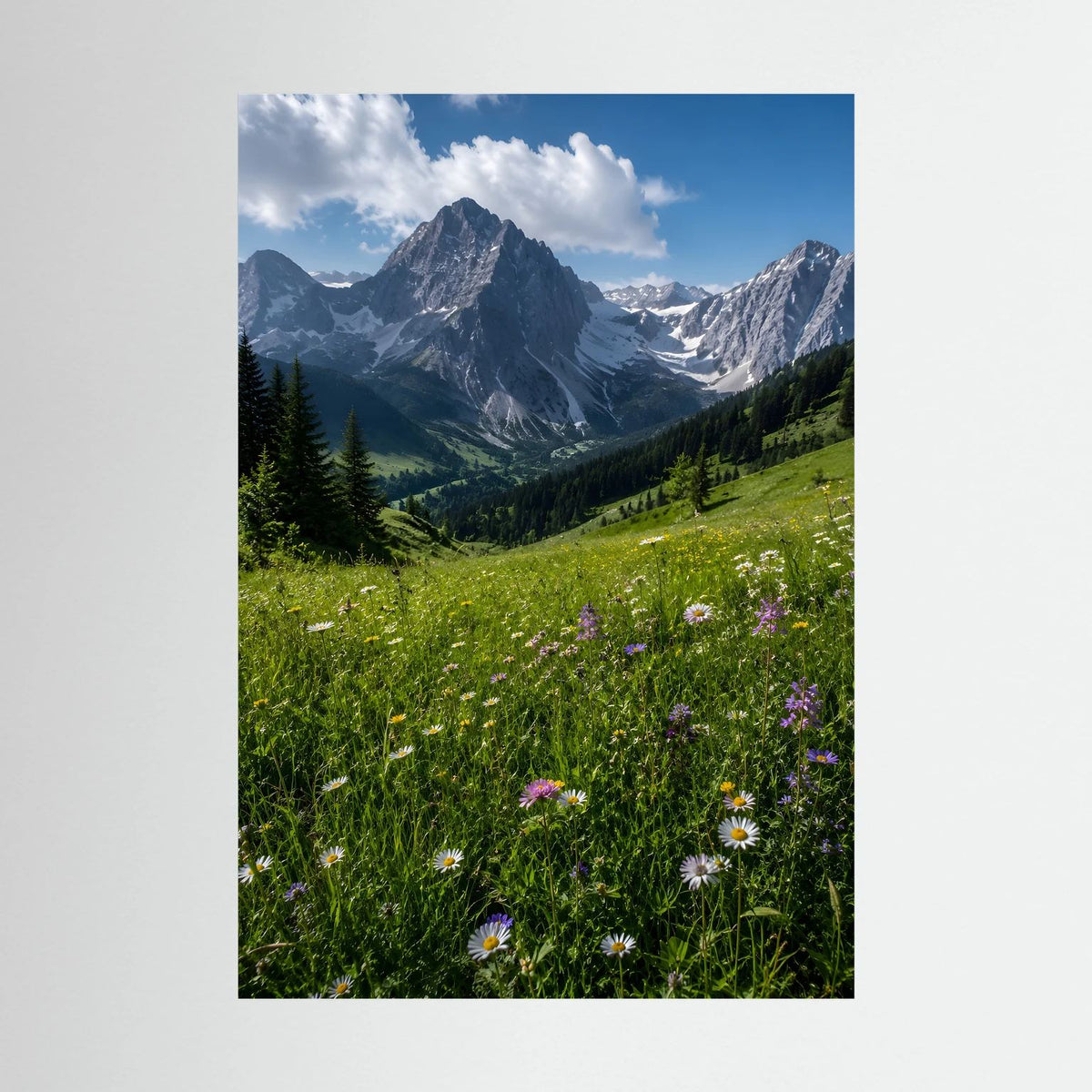 Wandbild mit Alpenbergen: grüne Wiese und Wildblumen im Hochformat