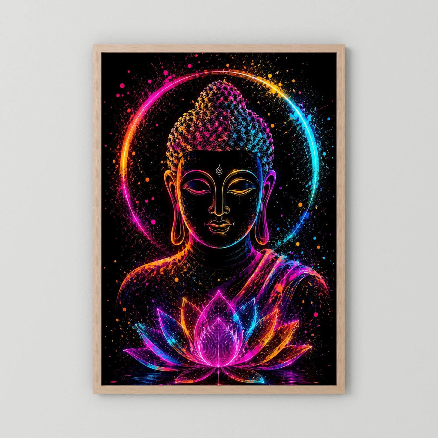 Leuchtendes Buddha-Neonposter mit Lotussymbol, hellbrauner Holzrahmen