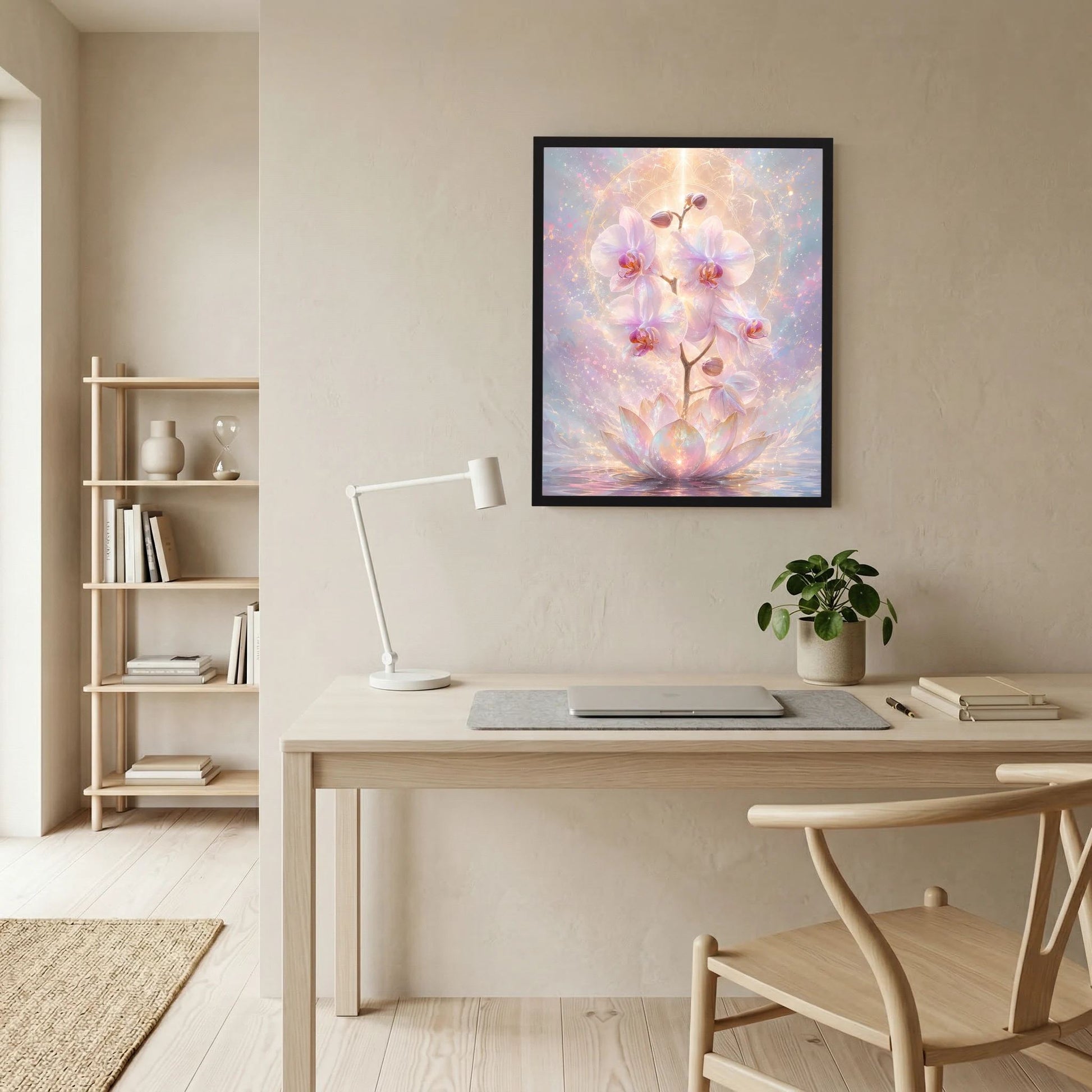 Wandposter mit Orchideen- und Lotusblüten in Pastell und Gold, im schwarzen Rahmen