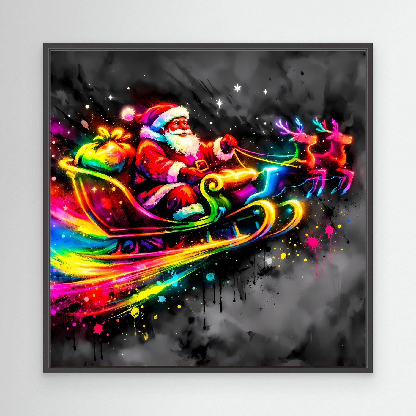Leinwandbild mit dunkelgrauem Rahmen: bunter Weihnachtsmann im Schlitten, Regenbogen-Neon