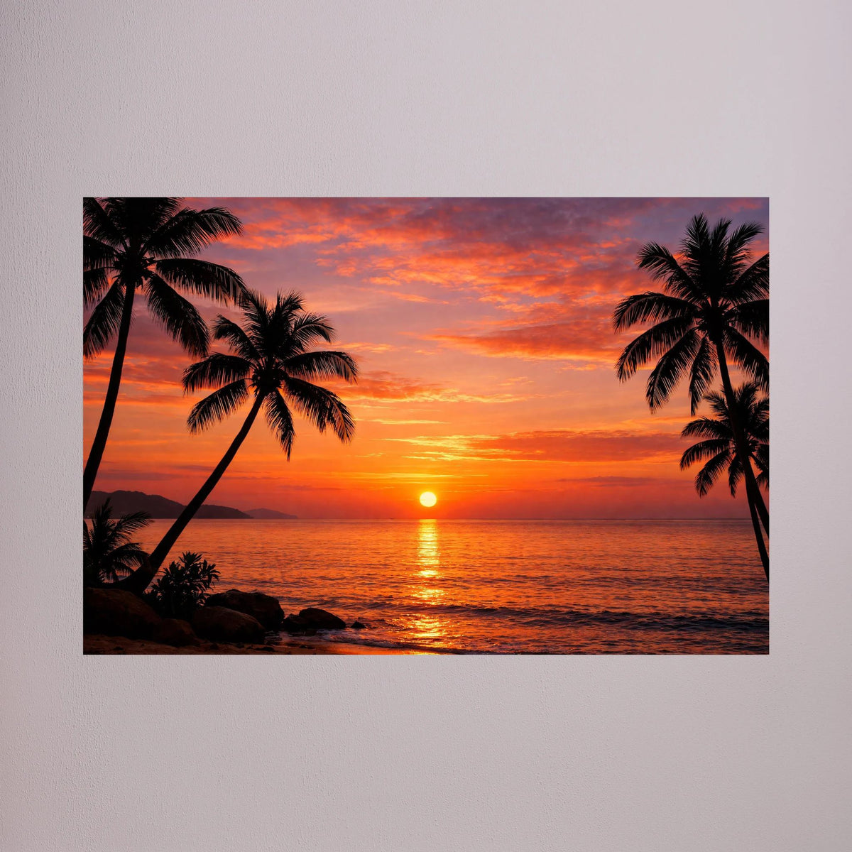 Querformat-Wandbild mit Sonnenuntergang über dem Meer und Palmen am Rand