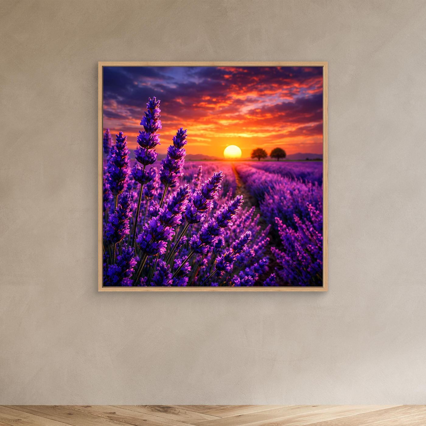 Leinwandbild Lavendelfeld bei Sonnenuntergang, violette Blütenähren, Eichenrahmen.