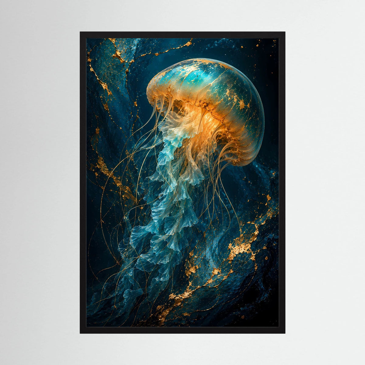 Poster mit leuchtender Qualle in Türkis und Gold, schwarze Umrandung, Hochformat