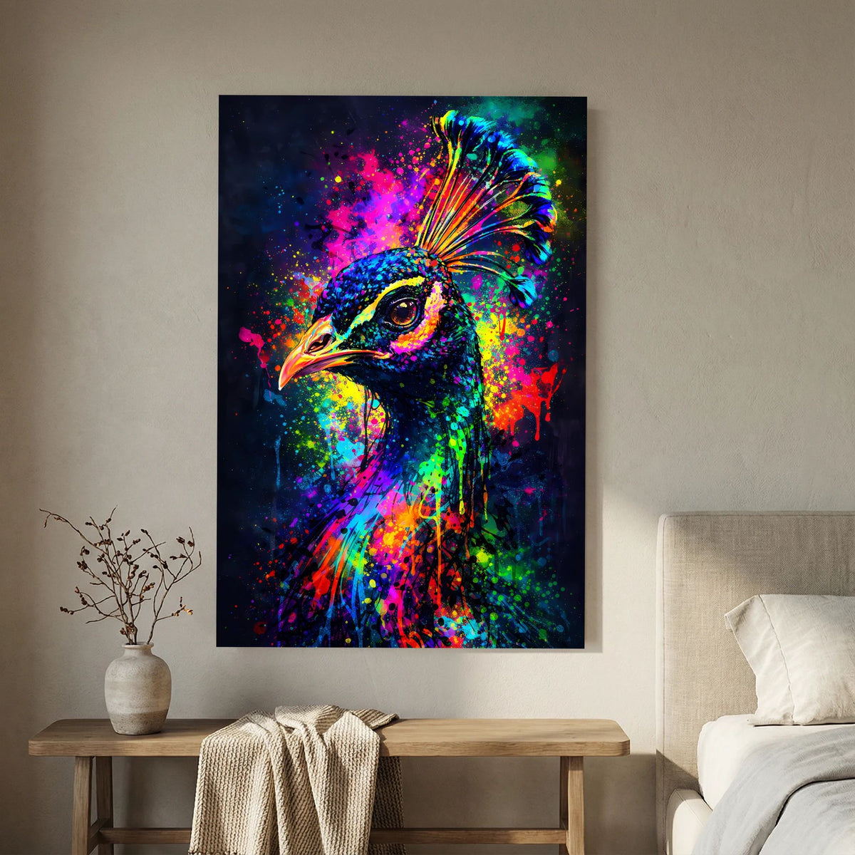Hochformat-Poster mit farbenfrohem Pfauenporträt in Neonfarben, Blick auf Kopf und Hals