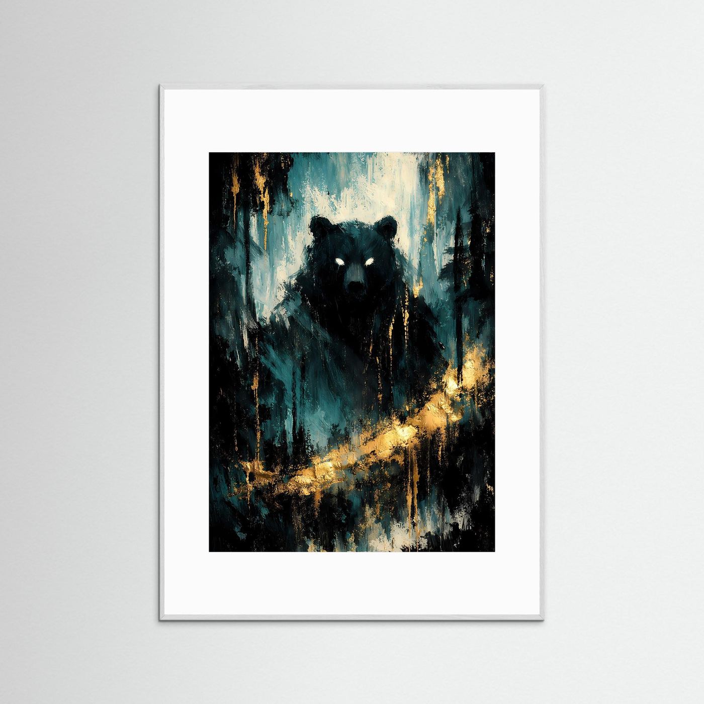 Bären-Portrait-Poster im grauen Rahmen, dunkler Bär mit leuchtenden Augen im Waldstil