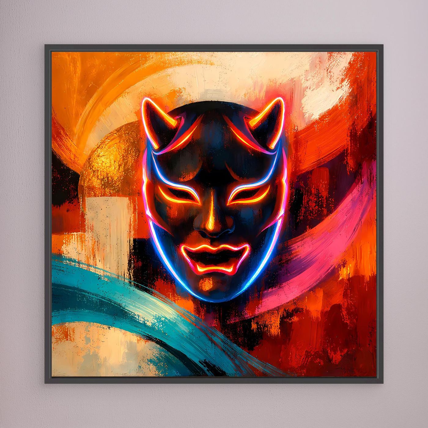 Leinwandbild mit Oni-Maske im Neon-Look, schwarzer Holzrahmen