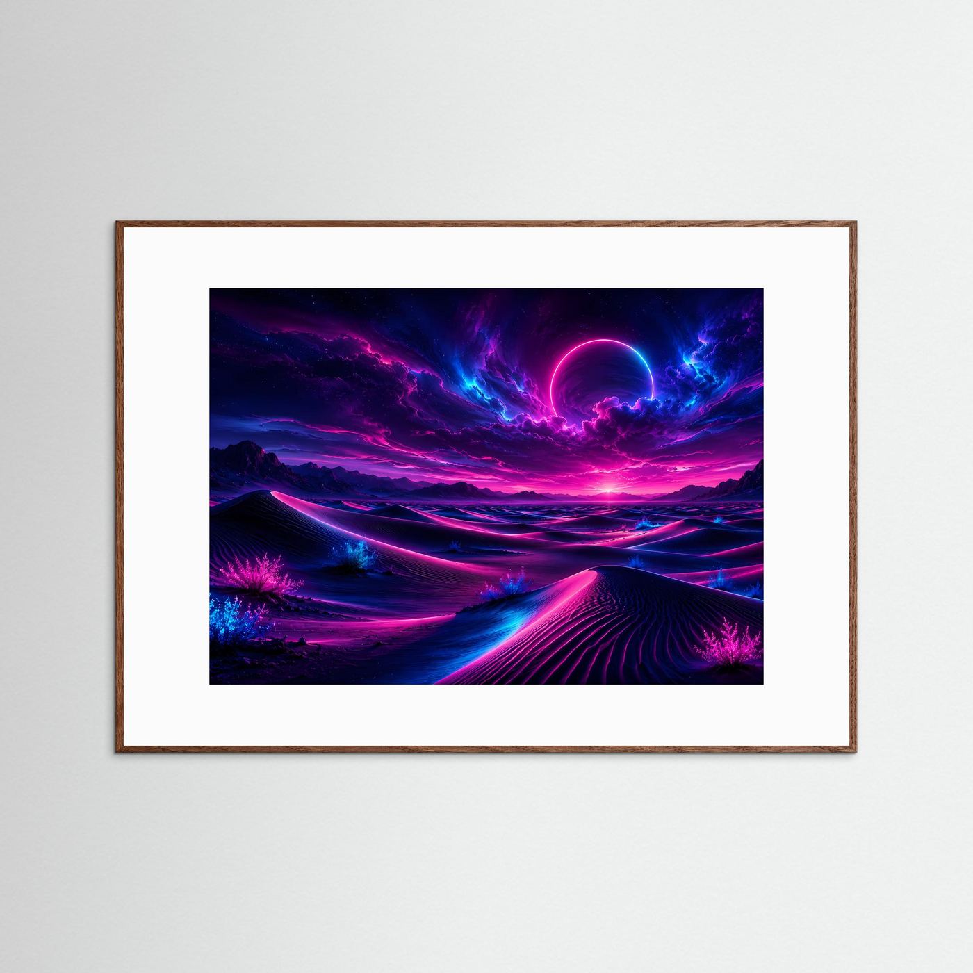 Neon Wüste Poster Querformat | Futuristische Landschaft in Pink & Blau | Cyberpunk Sci-Fi Wandbild